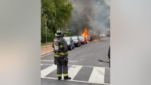 Firefighters respond to vehicle fire caused by a blown transformer