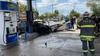 HAZMAT crews on scene in Laurel after car slams into gas station pump, bursts into flames