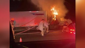 Tractor-trailer cab engulfed in flames on I-95 in Fairfax County