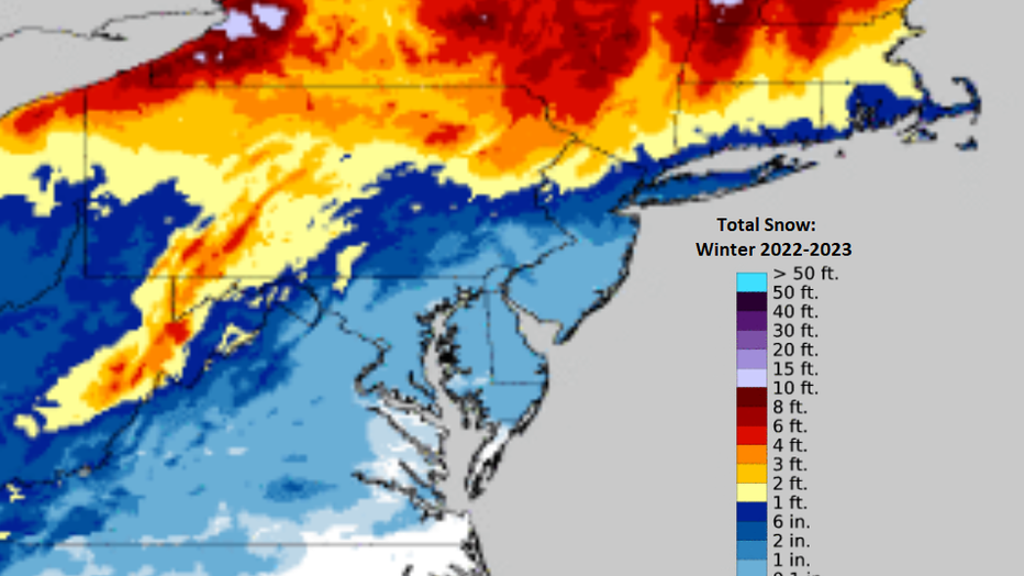 Total snowfall for Winter 2022-2023 map shows less than an inch fell in the Washington, D.C. metro area. Winter 2023-2024 is projected to see more snow, one to three winter storms, and there is an above average chance of a blizzard.