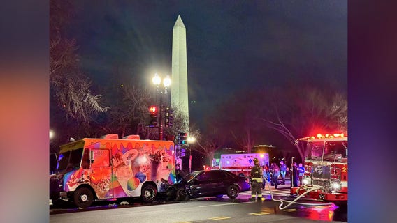 1 hurt in fiery crash after car strikes food truck in DC