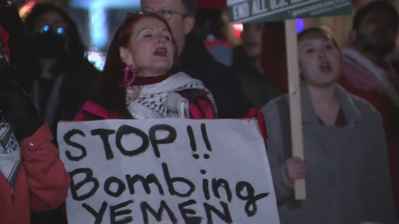 Demonstrators protest US bombing Yemen outside White House