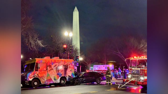 1 hurt in fiery crash after car strikes food truck in DC