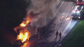 Tractor trailer fire on I-270 in Urbana fills sky with smoke, flames