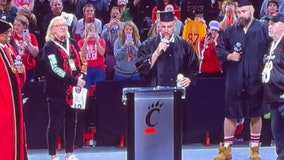 Travis Kelce delivers surprise graduation speech with beer in hand