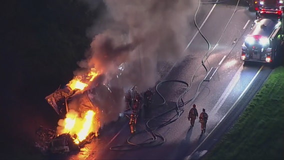 Tractor trailer fire on I-270 in Urbana fills sky with smoke, flames
