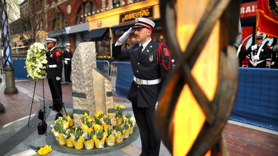 FILE - A ceremony was held at the two bombing sites on Boylston Street to mark the 10th anniversary of the Boston Marathon bombings on April 15, 2023. (Photo by John Tlumacki/The Boston Globe via Getty Images)