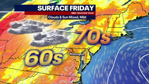 Warm, cloudy Friday with highs in the mid-70s; weekend showers, storms likely