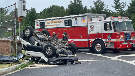 Vehicle flips onto sidewalk in triple-vehicle collision in Northeast DC