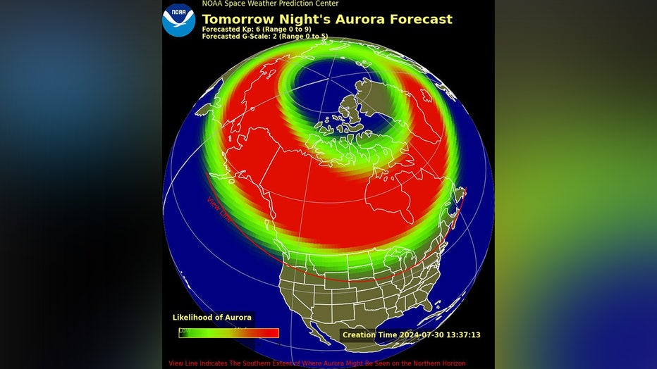 Aurora Forecast for Wednesday, July 31, 2024 (NOAA’s Storm Weather Prediction Center)