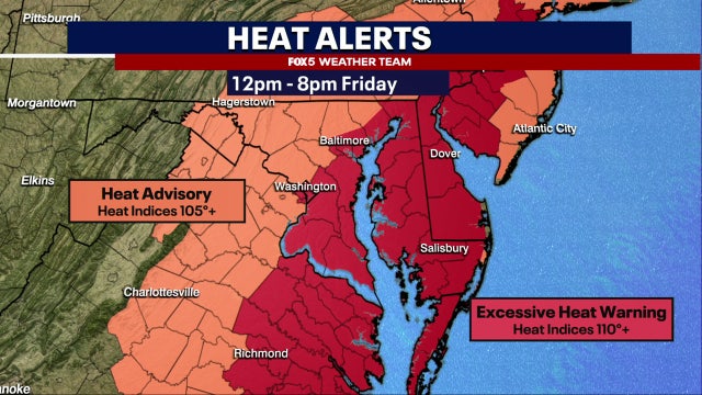 DC region under heat warnings, advisories Friday; heat index values up to 110-plus degrees