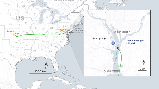 Maps show flight path, collision site of DC plane crash