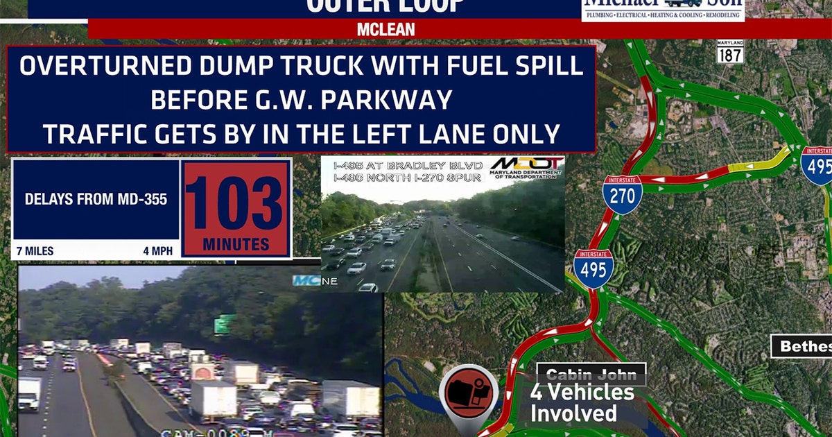 Overturned dump truck, fuel spill cause delays on I-495 in Virginia ...