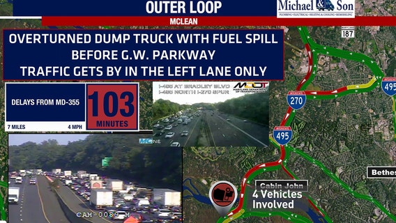 Overturned dump truck, fuel spill cause delays on I-495 in Virginia