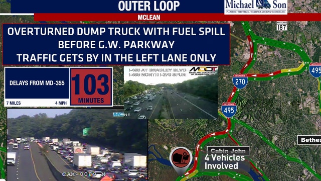 Overturned dump truck, fuel spill cause delays on I-495 in Virginia