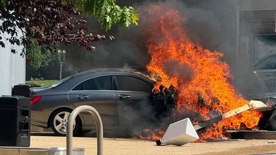 Car strikes gas pump in Northwest DC, engulfs in flames