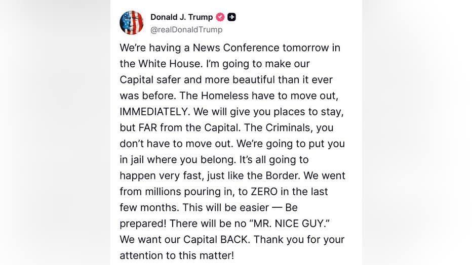 Truth Social post from president Donald Trump on homelessness in the District