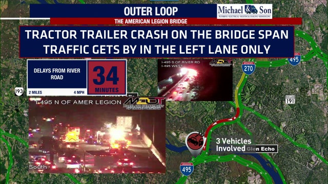 Tractor-trailer crash snarls traffic on American Legion Bridge