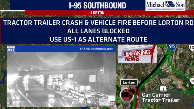 Tractor-trailer bursts into flames on I-95 in Fairfax County
