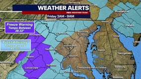 Freeze Warnings, Frost Advisories or parts of Maryland, Virginia as temperatures drop