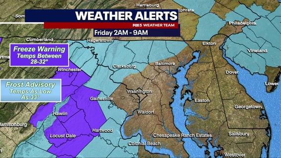 Freeze Warnings, Frost Advisories or parts of Maryland, Virginia as temperatures drop