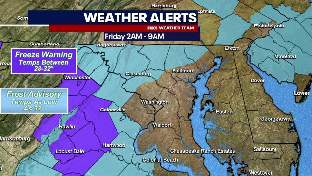 Freeze Warnings, Frost Advisories or parts of Maryland, Virginia as temperatures drop