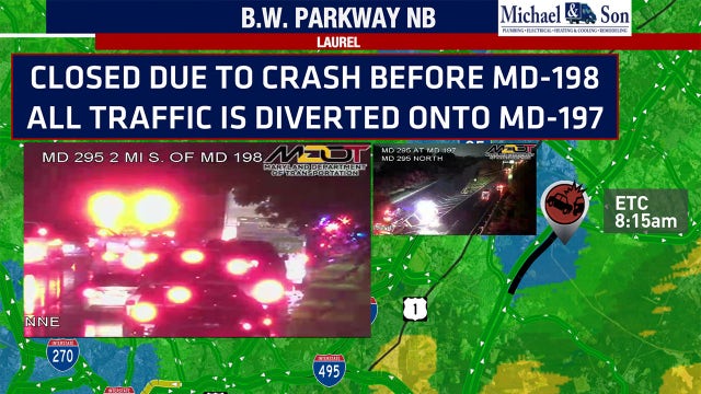 Crash causes delays on BW Parkway in Laurel as storms disrupt morning commute across DMV