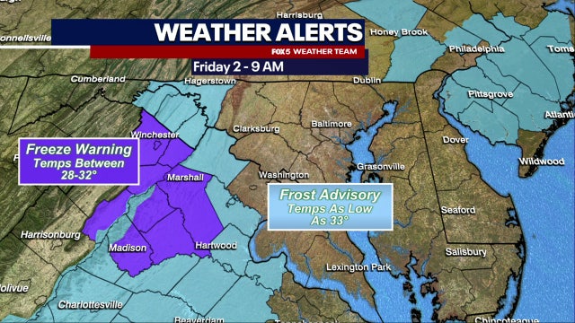 Freeze Warnings, Frost Advisories issued for parts of Maryland, Virginia
