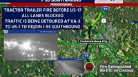 Tractor-trailer crash, fire snarls traffic on I-95 in Fredericksburg Wednesday