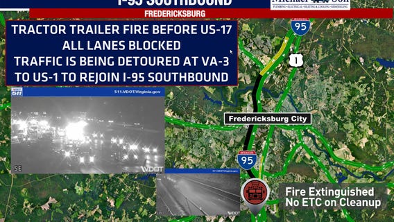 Tractor-trailer crash, fire snarls traffic on I-95 in Fredericksburg Wednesday