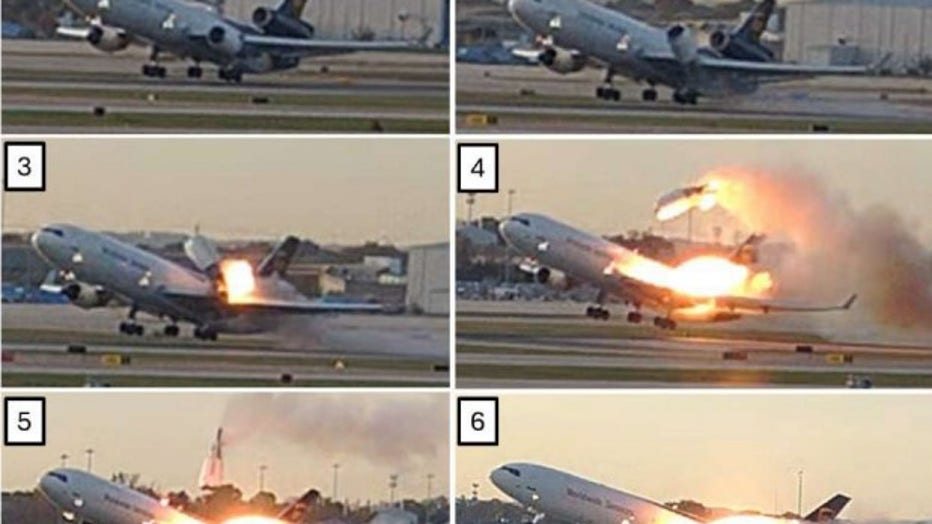 Six panels of security footage showing a plane's engine separating from the wing while taking off, starting a fire.