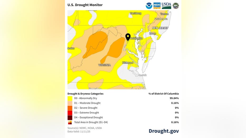 A map of the area of Virginia, Maryland, West Virginia, Washington, D.C. and Delaware.
