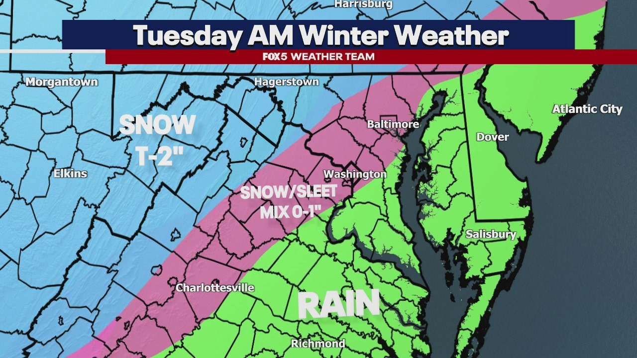 DC weather: Snow, rain mix likely into Tuesday morning
