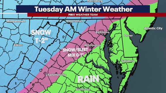 DC weather: Snow, rain mix likely into Tuesday morning