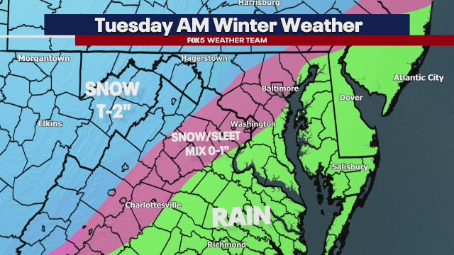 DC weather: Snow, rain mix likely into Tuesday morning