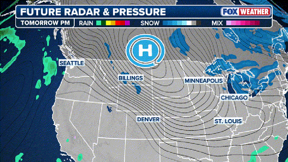 This graphic displays the future radar and pressure for the winter storm charging east through Monday. (FOX Weather)