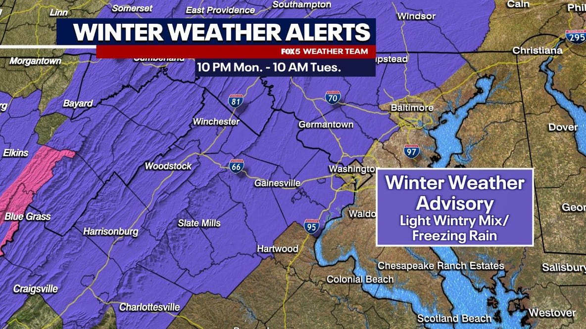 Winter Weather Advisory Monday for Maryland and Virginia with snow and freezing rain