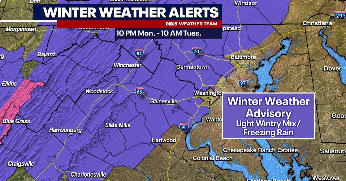 Winter Weather Advisory Monday for Maryland and Virginia with snow and freezing rain