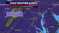 DC weather: Cool, breezy with sprinkles Monday; Freeze Warning Tuesday