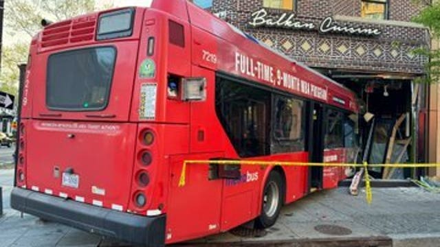 Bus crashes into AMBAR Restaurant in DC, partially inside building; 4 checked for injuries