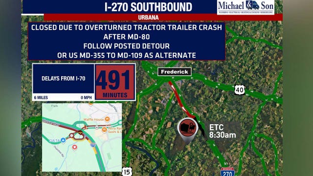 Overturned tractor trailer causes major delays on I 270 after driver swerves to avoid deer