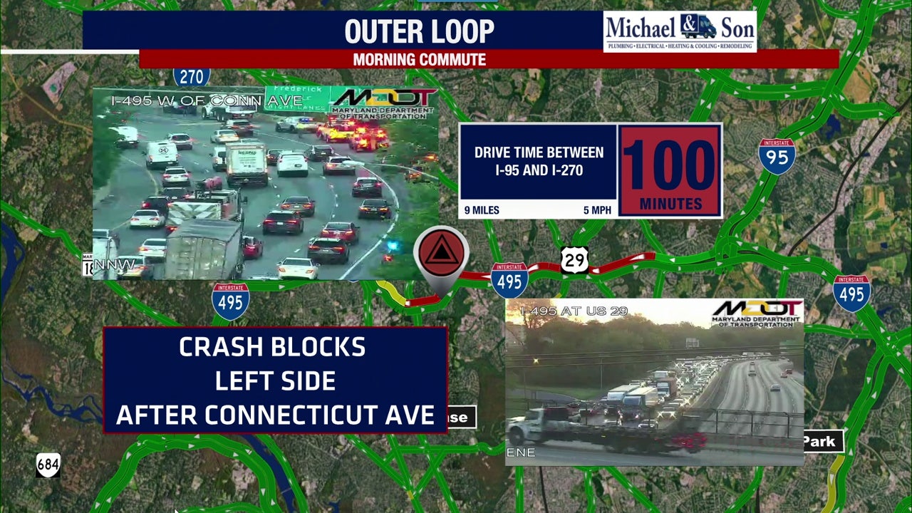 Multi-vehicle crash, fuel spill cause major delays on I-495 in Montgomery County