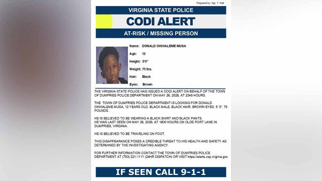 Virginia State Police issue Codi Alert for missing 12 year old boy
