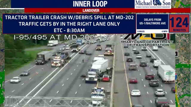 1 hurt after 2 tractor-trailers involved in crash on I-495 in Prince George’s