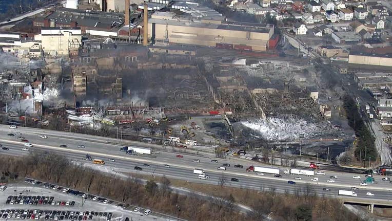 Aftermath of a fire at a paper plant