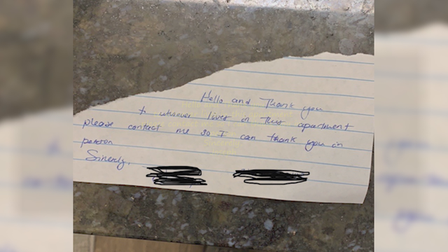 Stranger leaves 'thank you' note after apartment break-in