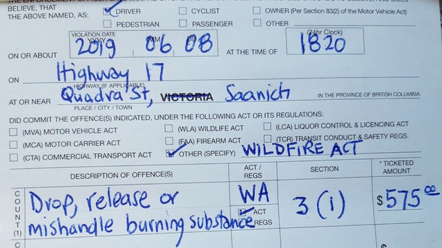 Canadian police chief hands out $575 ticket to driver who threw lit cigarette out of car