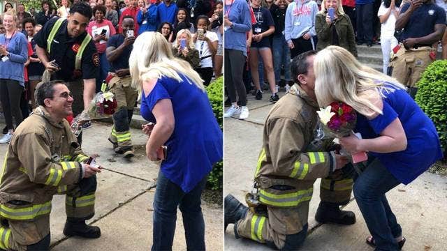 Fireman surprises teacher girlfriend with a proposal during school fire drill