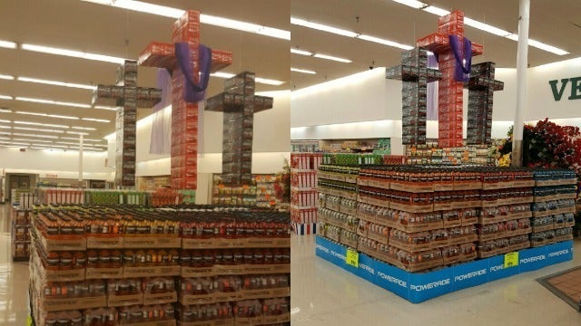 Dublin grocery store sets up cross display using soda cans