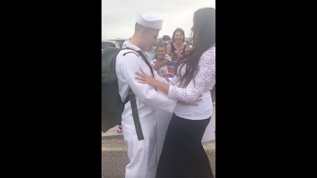 Surprise! Sailor comes home to find wife 8 months pregnant